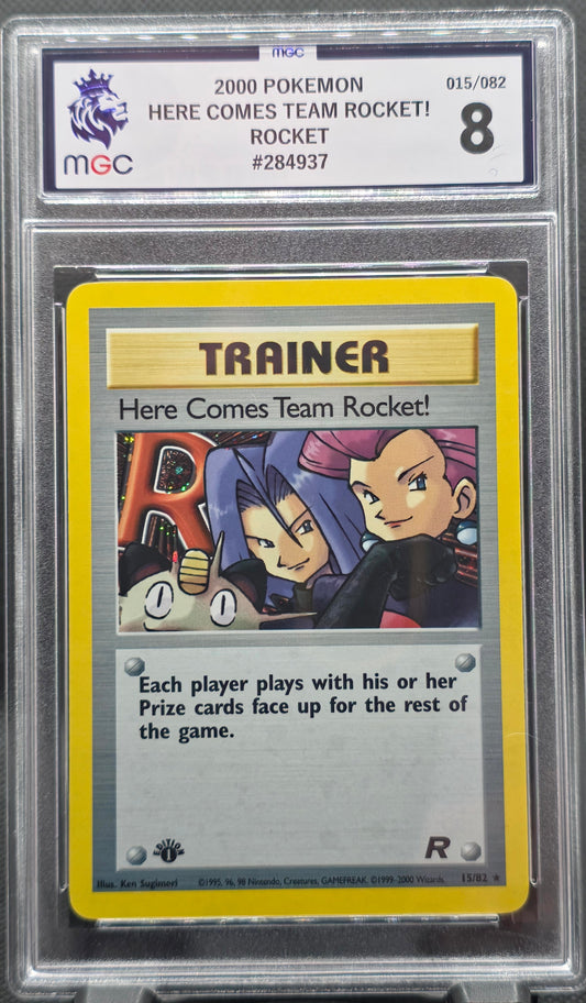 Here Comes Team Rocket Holo 1st Edition - MGC Graded - 8